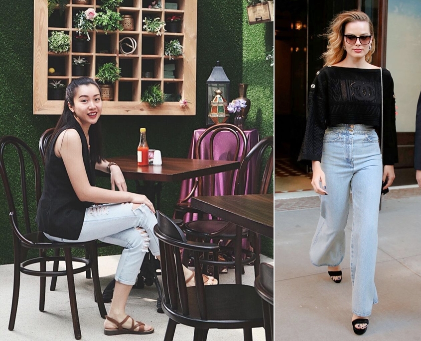 Áo đen kết hợp với quần màu xanh dương